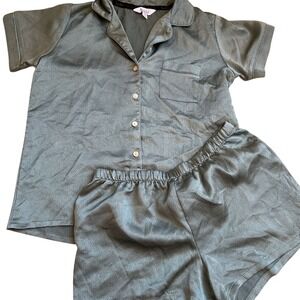 Nicole Miller New York Womens Sage Green Textured Satin Pajama Short Set Small